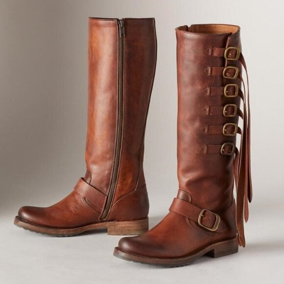 FRYE VERONICA Women Strap Tall Brown leather Boots size 6 Western Boho Moto - Picture 1 of 16